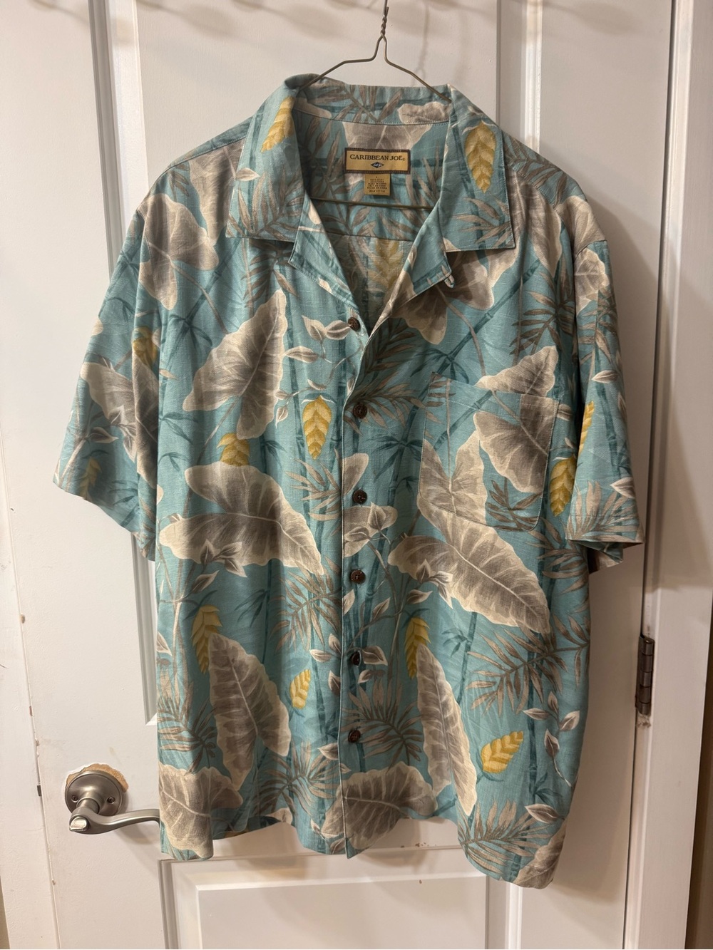 Caribbean Joe Teal Tropical Leaf Print Short-Sleeve Button Shirt